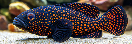 Close-Up, Ornamental Fish, Striking Orange, Black Specimen, Large Fins, Sharp Detailsの素材