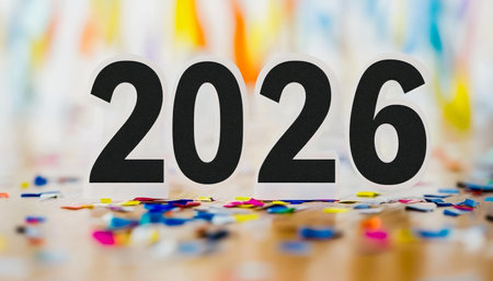 Festive Celebration Background for 2026 with Colorful Confetti and a Sparkling Bokeh Effectの素材