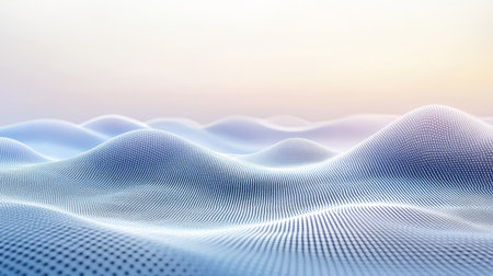 Abstract Digital Landscape, Blue And White Grid Pattern Forming a Futuristic 3D Wave Surfaceの素材