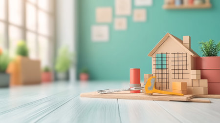 Construction tools and miniature house model on a wooden floor against blurred room background.の素材