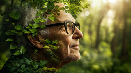 Inner Peace Serene Senior Man s Portrait Blended with Forest Imagery for a Dreamlike Effectの素材