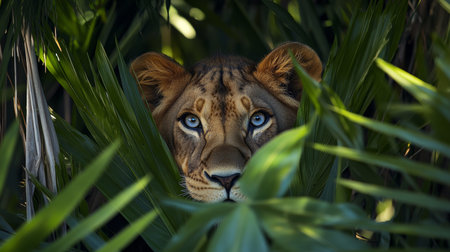 Hidden Predator Young Lion with Intense Blue Eyes Lurking in Lush Jungle Foliage, Stalking Preyの素材