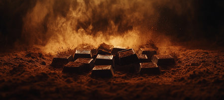 Explosion of Delicious Dark Chocolate With Cocoa Powder on Brown Background, Food Photographyの素材