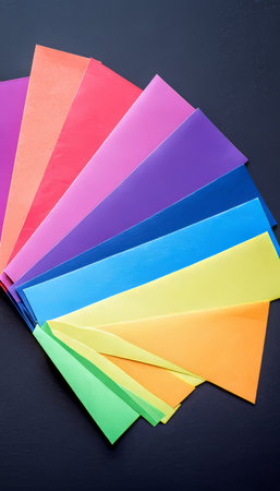 Vibrant Spectrum Abstract Arrangement of Colorful Paper Strips on a Textured Grey Backgroundの素材