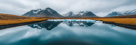 Serene Icelandic Landscape with Glacial Lagoon, Mountain Reflections, and Tranquil Watersの素材