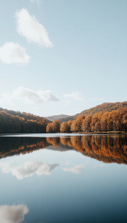 Tranquil Autumn Lake Reflection Scenic View Vibrant Colorful Forest Landscape, Nature Stockの素材