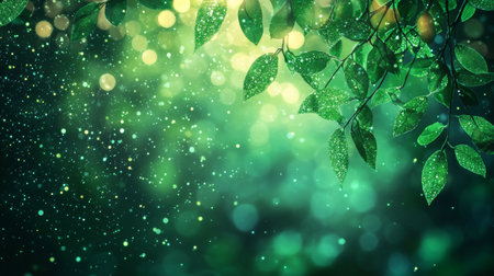 Enchanted Forest Magical Bokeh Background, Dappled Sunlight, Lush Green Leaves, and Copy Spaceの素材