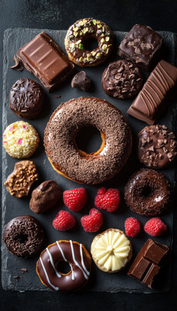 Sweet Tooth Heaven Decadent Chocolate Donut Takes Center Stage in Delicious Flat Layの素材