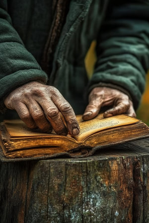 Nostalgic Moment, Weathered Hands Gently Trace Memories on Antique Book, Rustic Wisdomの素材