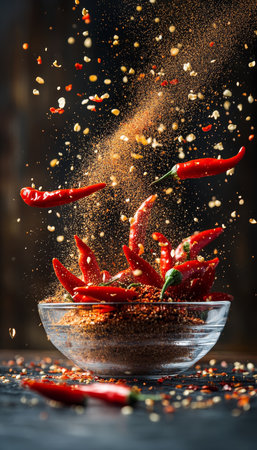 Red Chili Pepper Explosion, Dramatic Food Photography with Powder Dust Cloud on Dark Backgroundの素材