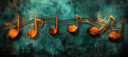 Abstract Rusty Musical Nodes On Vintage Wall, Background For Artistic Design And Decorationの素材