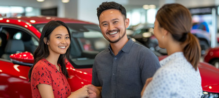 Excited Couple Considers Electric Car Purchase, Interacting With Friendly Salesman at Dealershipの素材