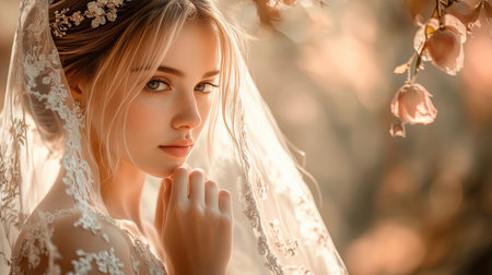 Close-up Portrait. Sensual Blonde Bride with Lace Veil in Golden Light Bokeh Backgroundの素材