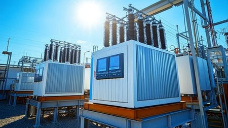 Power Substation Under a Clear Blue Sky High-Voltage Transformers and Electrical Infrastructureの素材