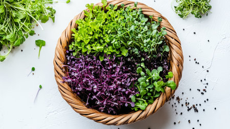 Assortment of Fresh Vibrant Microgreens Sprouting From Wicker Basket, Healthy Eating Concept.の素材