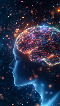 Abstract Human Head With Glowing Brain, Conceptual Illustration of Consciousness, Digital Art.の素材