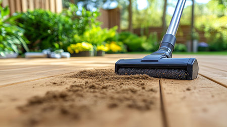 Cleaning the Wooden Patio Removing Dirt, Dust and Debris Quickly Using a Modern Vacuum Cleanerの素材