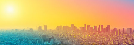 Vibrant Cityscape Buildings In Silhouette Against Vivid Sunset Colors, Ideal For Urban Backgrounds.の素材