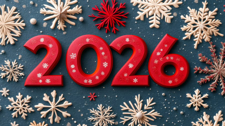 New Year 2026. Festive Composition With Red Numbers 2026 And Snowflakes On Dark Blue Backgroundの素材