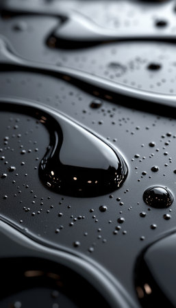 Black Ink Drops and Abstract Shapes on Reflective Dark Surface, Graphic Design Elementの素材