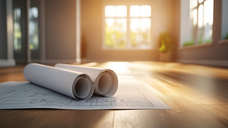 New Home Construction Blueprints Unrolled on Hardwood Floor, Bathed in Natural Light.の素材