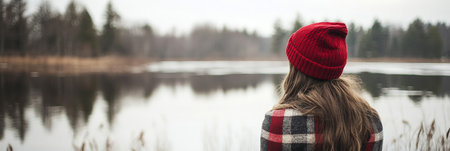 Teenage Girl in Red Hat Exploring Winter Wonderland by Peaceful Lake with Stunning Reflectionの素材