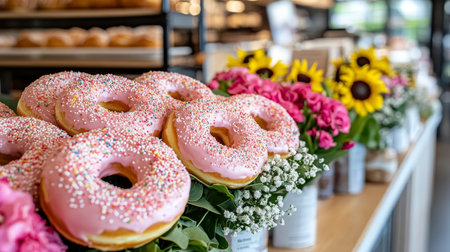 Delicious Pink Donuts Decorated with Sprinkles, Nestled Among Vibrant Flowers in a Bakery Displayの素材