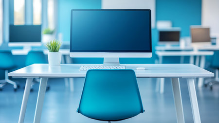 Modern Office Workspace With Computer, Keyboard, Mouse. Bright Blue Green Design, Minimalistの素材