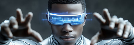 Virtual Reality, Innovation. A man wearing VR headset, experiencing immersive future technology.,の素材