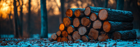 Golden Hour Sunshine on Stacked Firewood, Winter Forest Scene with Logs Covered in Snow.の素材