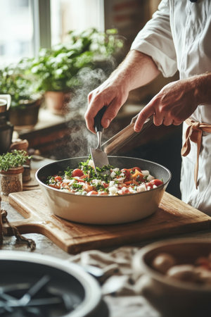 Chef Garnishing Delicious Colorful Dish, Exquisite Culinary Art in Rustic Kitchen Settingの素材