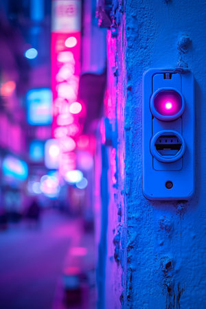 Neon Glowing Button on Textured Blue Wall with Blurry Urban Night Cityscape Backgroundの素材