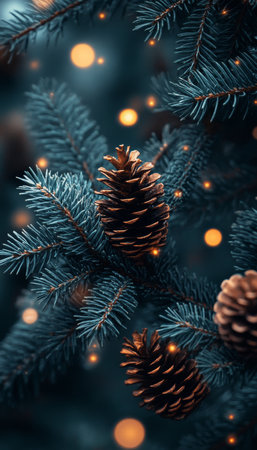 Christmas Fir Branches, Sparkling Lights, and Pine Cones A Festive Holiday Backgroundの素材