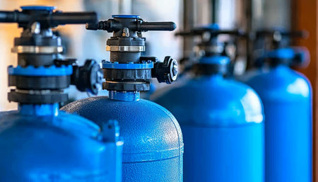 Industrial Water Filtration System Close-Up on Blue Filter Tanks for Clean Water Productionの素材
