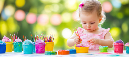 Toddler Exploring Colors Adorable Girl Painting with Vibrant Art Supplies in Sunlit Setting.の素材