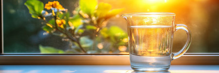 Glass, Jug of Water on a Window Sill with Sunbeam Background, Refreshing Drink on a Sunny Dayの素材