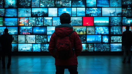 Boy With Backpack Immersed in a Gallery of Digital Screens Displaying Vibrant Cityscape Scenes.の素材