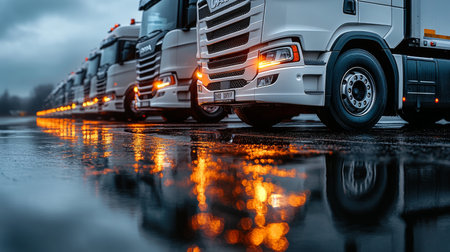 Fleet of Modern White Trucks Parked in Formation Under Cloudy Evening Sky, Reflective Headlightsの素材