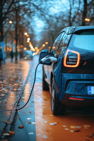 Electric Vehicle Charging on City Street, Sustainable Transportation and Urban Mobility.の素材