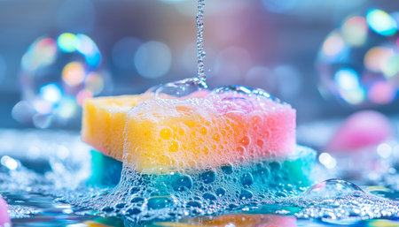 Vibrant Cleaning Essentials Three Colorful Sponges, Abundant Soap Suds, Sparkling Water Dropletsの素材