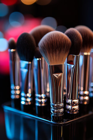 Professional Makeup Brush Set. Close Up of Makeup Brushes in Holder, Showcasing Textures and Colors.の素材