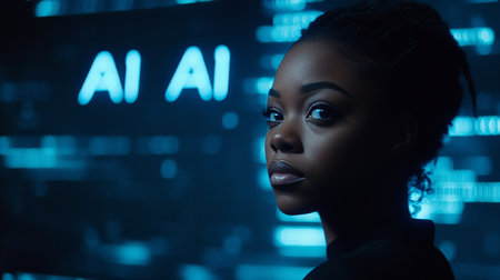 Woman Gazing at AI code Representation Of Artificial Intelligence, Technology, and The Future 96.の素材