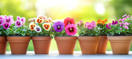 Colorful Pansies and Violas Blooming in Garden Pots on a Sunny Garden, Nature and Springtime Conceptの素材