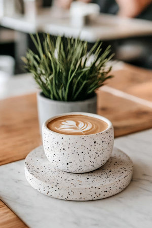Artisan Coffee Cup with Latte Art on a Terrazzo Coaster, Small Business Cafe Aestheticの素材