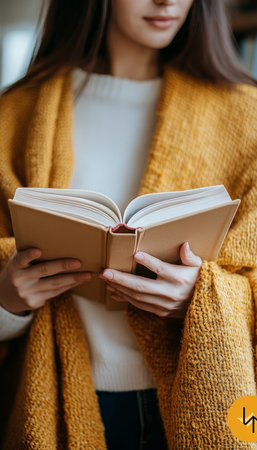 Cozy Autumn Day. Young Woman Reading Book, Wrapped In Warm Blanket, Enjoying Leisure Timeの素材