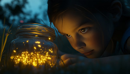 Little Girl, Fireflies, and Magical Night Exploring, Discovering, Childhood, Summerの素材