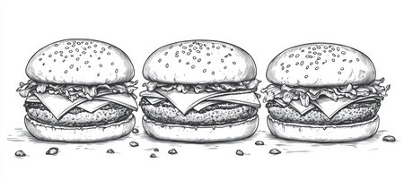 Trio of Delicious Burgers, Classic Fast Food Treat Monochromatic Hand-Drawn Illustrationの素材