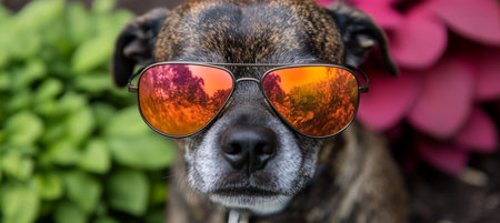 Canine Cool Factor Brindle Dog Rocks Mirrored Aviator Sunglasses, Colorful Background Reflectionの素材