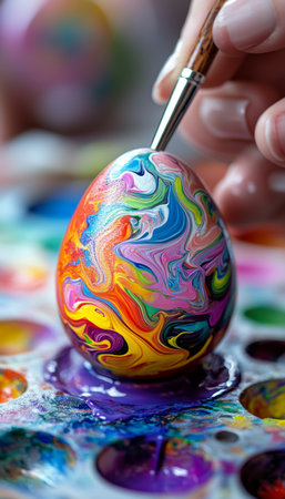 Colorful Easter Egg Painting Woman s Hand Creates Vibrant Designs for Spring Celebrationsの素材