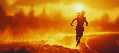 Silhouette Of Determined Female Athlete Running On Country Road During Golden Sunrise Or Sunsetの素材